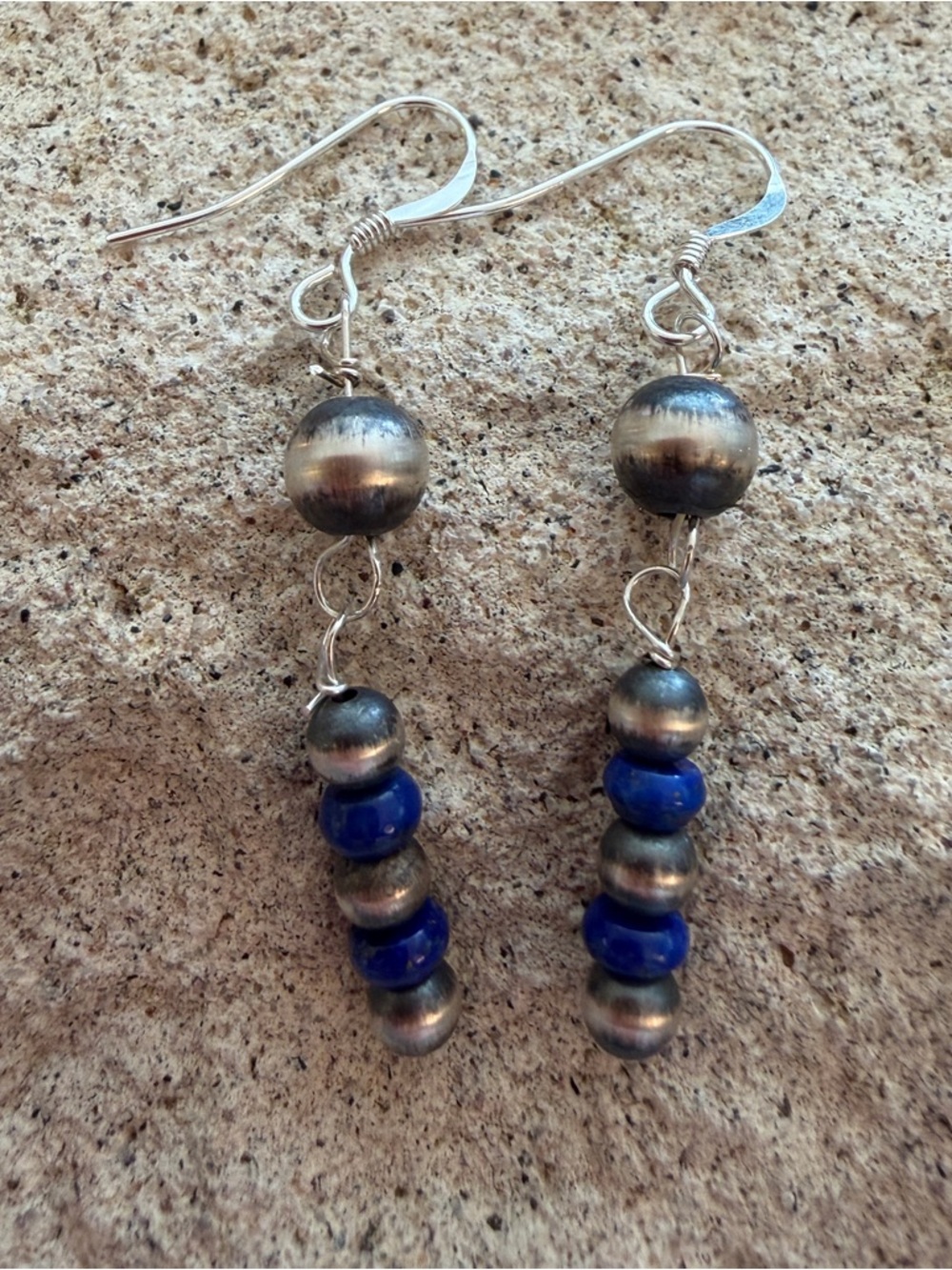 ❤️ Native Artisan Lapis Luzuli Navajo Desert Pearls Sterling Dangle Earrings USA - Picture 4 of 8